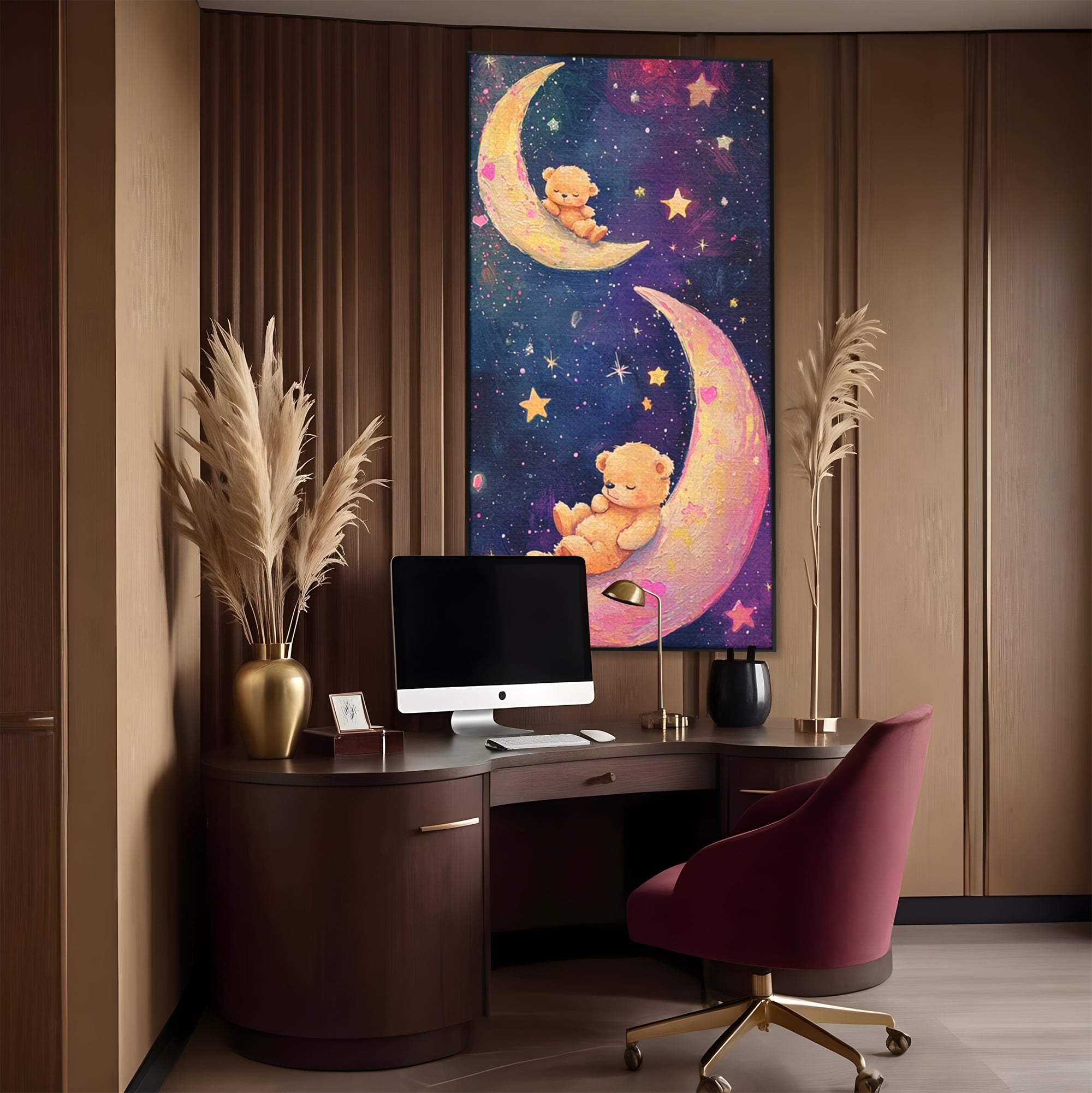 Tablou canvas cu doi ursuleti dorm pe semiluna, in rama de aluminiu negru, pe perete intr-un birou